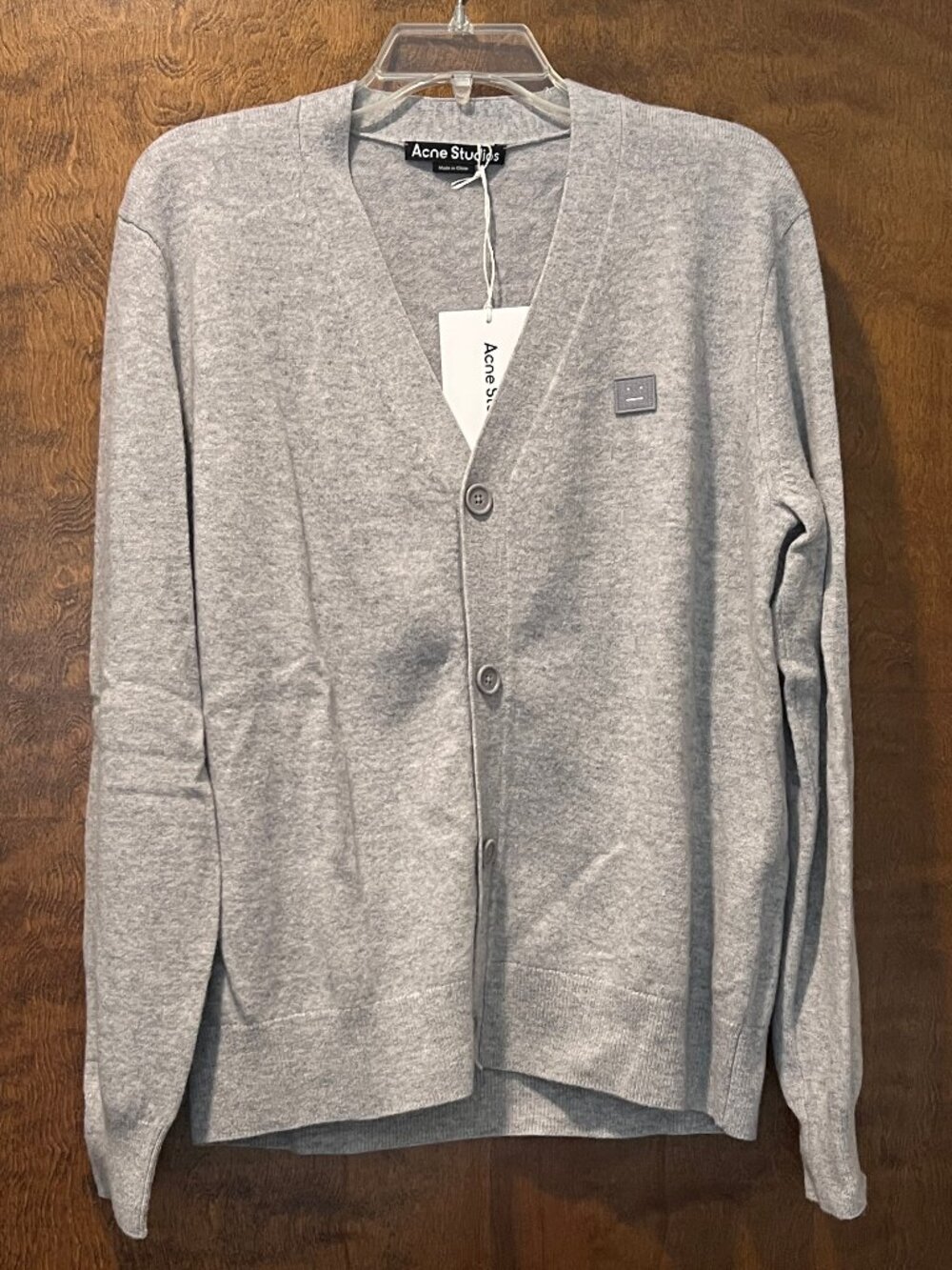 NWT Acne Studios Keve Face Patch 100% Wool Cardigan Light Grey Melange Size S